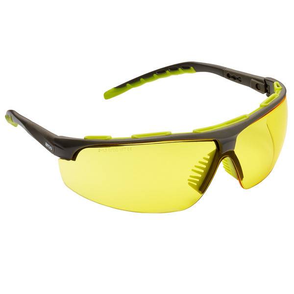 Gelb getönte Schutzbrille mit Umschlag-Design, schwarzem und limegrünem Rahmen auf weißem Hintergrund.