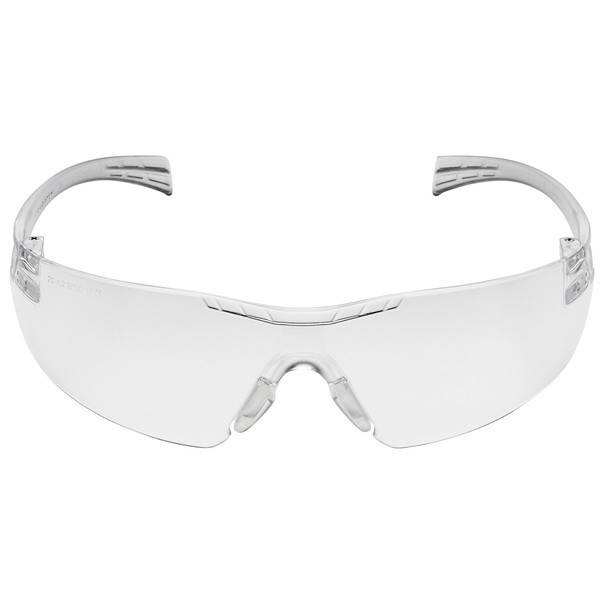 Klare Schutzbrille mit durchsichtigen Gläsern und gebogenen Bügeln auf weißem Hintergrund