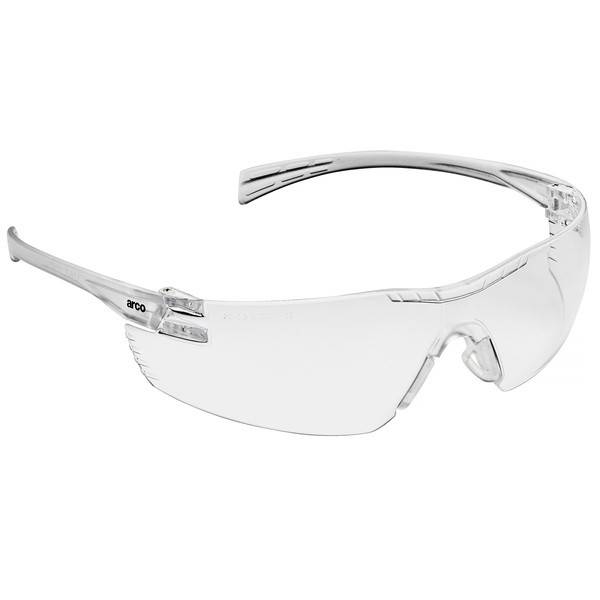 Klare Schutzbrille mit umhüllender Wirkung, rahmenlosen Gläsern und silbernen Bügeln auf weißem Hintergrund.