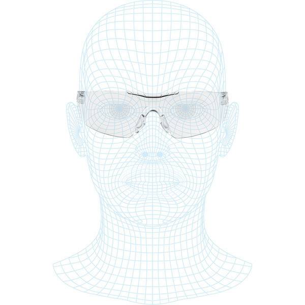 Frontal ausgerichtetes Drahtgitter-Kopf- und Halsmodell mit markierten Ausrichtungspunkten für die Brillenrahmenmontage im Gesicht.