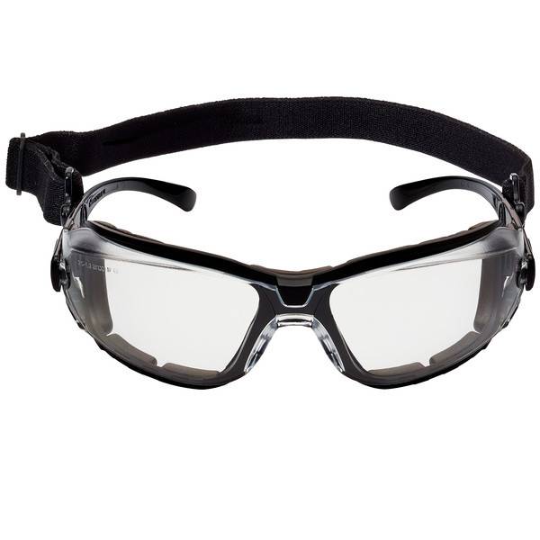 Schwarze Schutzbrille mit Rundumsicht und elastischem Kopfband auf weißem Hintergrund.