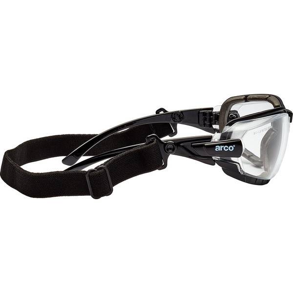 Schwarze Arco-Schutzbrille mit klarem Glas und verstellbarem elastischem Riemen auf weißem Hintergrund.