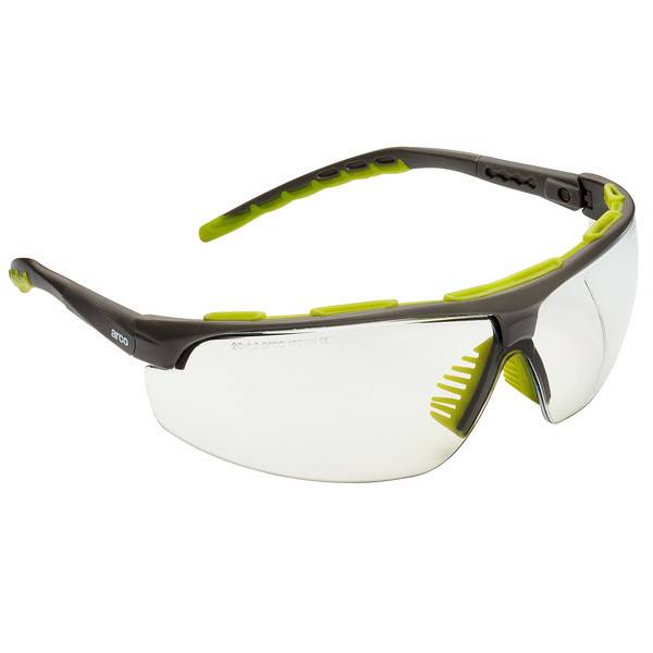 Schwarze und neongrüne umlaufende Schutzbrille mit klaren Gläsern auf weißem Hintergrund.