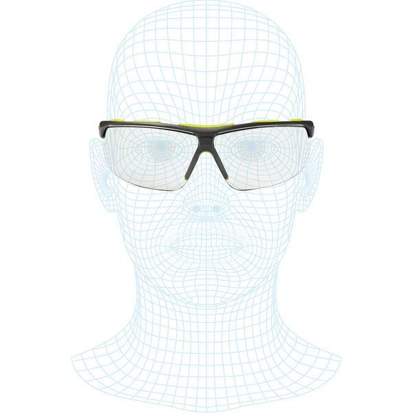 Schwarze rechteckige Brille auf einem Drahtgitter-Kopf-Mannequin, zeigt eine Frontalansicht der Passform und Position der Brille.