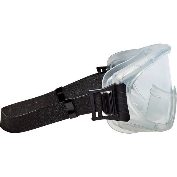 Klare Schutzgesichtsmaske mit verstellbarem schwarzem Riemen und Schnalle auf weißem Hintergrund.