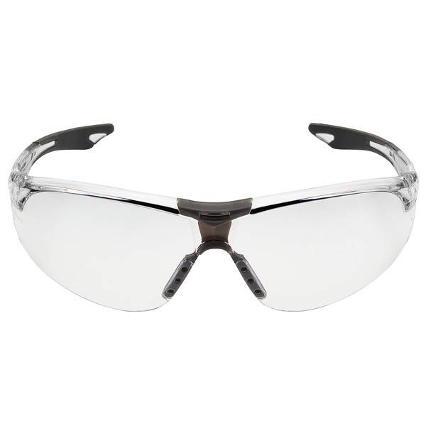 Klare Schutzbrille mit schwarzen Bügeln und verstellbarem Nasensteg auf weißem Hintergrund.