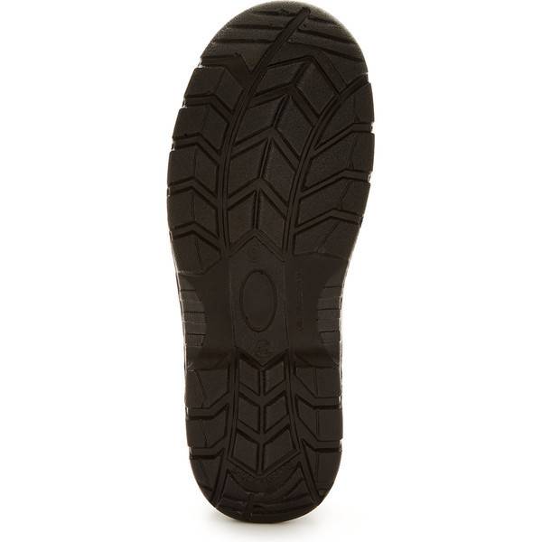 Unteransicht einer schwarzen Schuhsohle mit tiefem Profilmuster auf weißem Hintergrund.