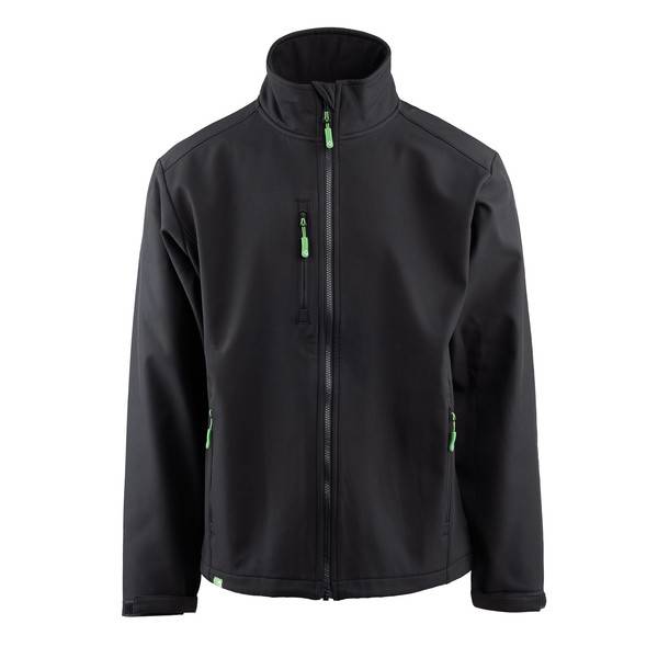Schwarze Übergangsjacke mit Stehkragen und grünen Reißverschlussschiebern, Vorderansicht auf weißem Hintergrund.