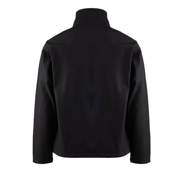 Schwarze Langarm-Jacke von hinten auf einfachem weißem Hintergrund gezeigt, mit hochstehendem Kragen und einfachem, tailliertem Design.