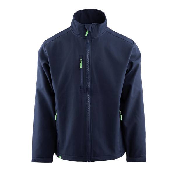 Marineblauer Reißverschluss-Jacke mit Stehkragen und grünen Reißverschlusszügen, in Vorderansicht auf weißem Hintergrund dargestellt.