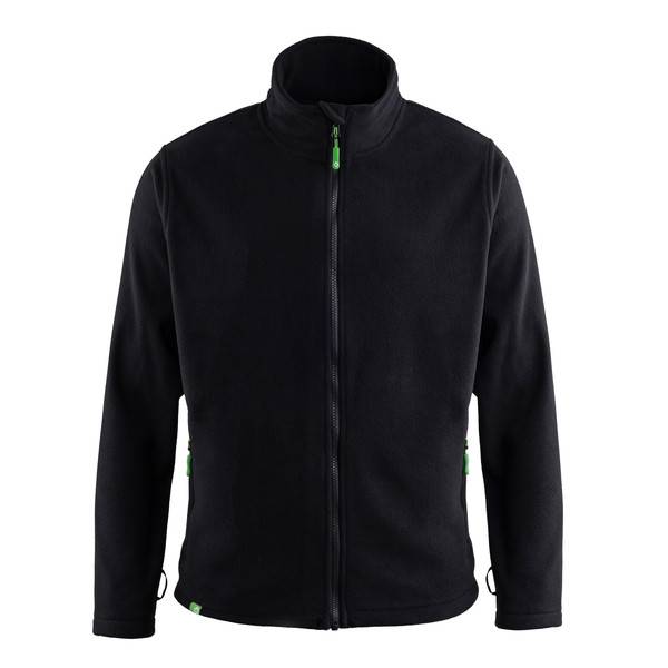 Schwarze Fleecejacke mit Reißverschluss und Stehkragen, Vorderansicht auf einfachem weißem Hintergrund.