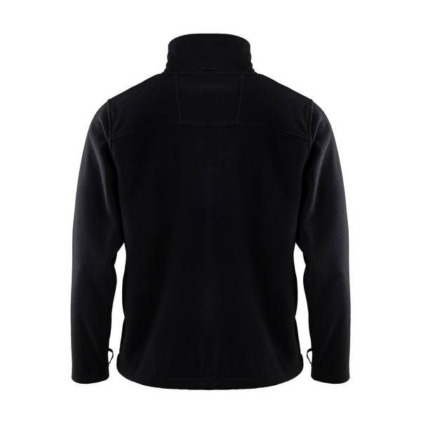 Schwarze Reißverschluss-Stehkragenjacke mit langen Ärmeln von hinten auf weißem Hintergrund dargestellt.