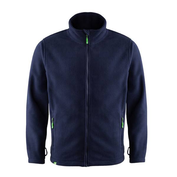 Dunkelblau durchgehende Fleece-Jacke mit hohem Kragen und grünen Reißverschlusszügen, in Vorderansicht auf weißem Hintergrund gezeigt.