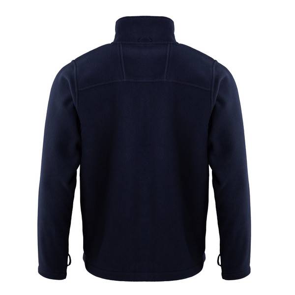 Rückansicht einer marineblauen Fleece-Jacke mit Reißverschluss, Stehkragen und langen Ärmeln auf weißem Hintergrund.