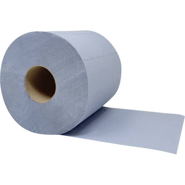 Eine große Rolle hellblaues Papier oder Papiertücher mit einem teilweise abgerollten Blatt auf weißem Hintergrund.