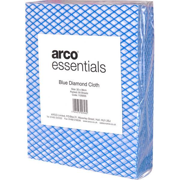 Packung mit Arco Essentials Blue Diamond Tüchern, blaukarierte Reinigungstücher mit Blaumauster in Kunststoffverpackung.