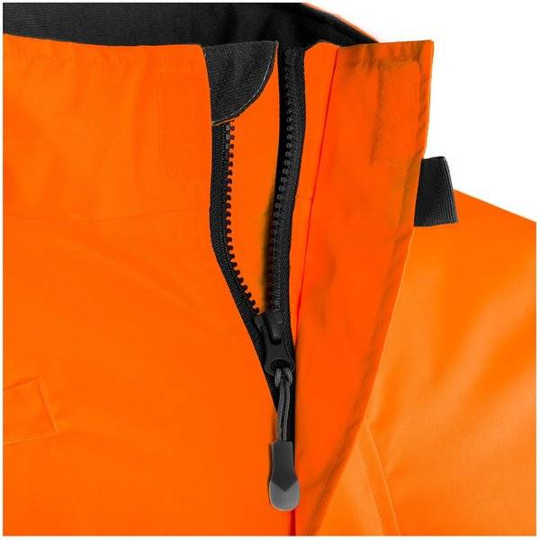 Nahaufnahme einer leuchtend orangefarbenen Jacke mit schwarzem Frontreißverschluss und Schieber.