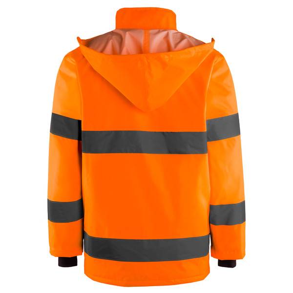 Orange Sicherheitsjacke mit reflektierenden grauen Streifen, von hinten auf weißem Hintergrund dargestellt.