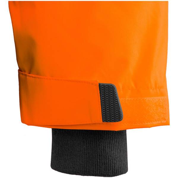Nahaufnahme einer orangefarbenen wasserdichten Schutzhülle mit schwarzem Klettverschluss-Manschette, die die verstellbare Handgelenksverschluss-Verschluss über einer dunklen inneren Schicht zeigt.
