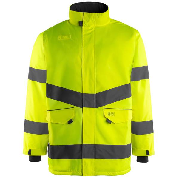Hochsichtbare neonorangefarbene Sicherheitsjacke mit reflektierenden grauen Streifen, Frontverschluss mit Reißverschluss, hohem Kragen und Klappentaschen auf weißem Hintergrund.