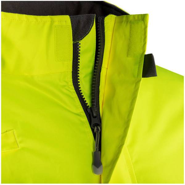 Nahaufnahme einer hochsichtbaren gelben Jacke mit einem schwarzen Reißverschluss und Kragendetail.