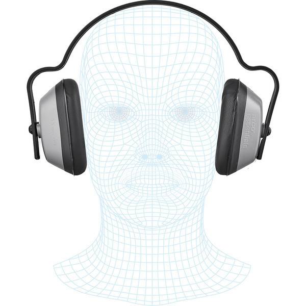 Wireframe-Kopf eines Menschen mit über-dem-Ohr-Ohrenschützern oder Gehörschutz, Vorderansicht auf weißem Hintergrund.