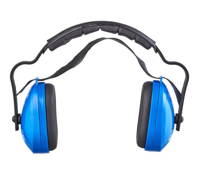 Blaue Over-Ear-Gehörschutz-Ohrmuscheln mit schwarzem gepolstertem Kopfbügel, isoliert auf weißem Hintergrund dargestellt.