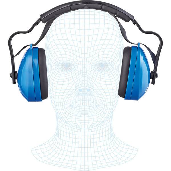 Blaue Over-Ear-Gehörschutz-Ohrmuscheln auf einem Drahtgittermodell eines Kopfes, die zeigen, wie sie die Ohren zur Lärmminderung abdecken.