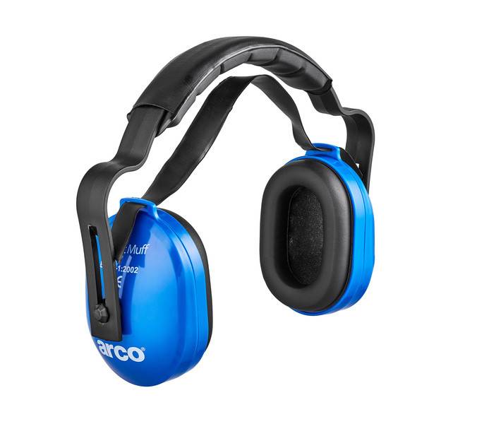 Blau-schwarze Over-Ear-Gehörschutz-Ohrmuscheln mit verstellbarem Kopfbügel auf weißem Hintergrund.