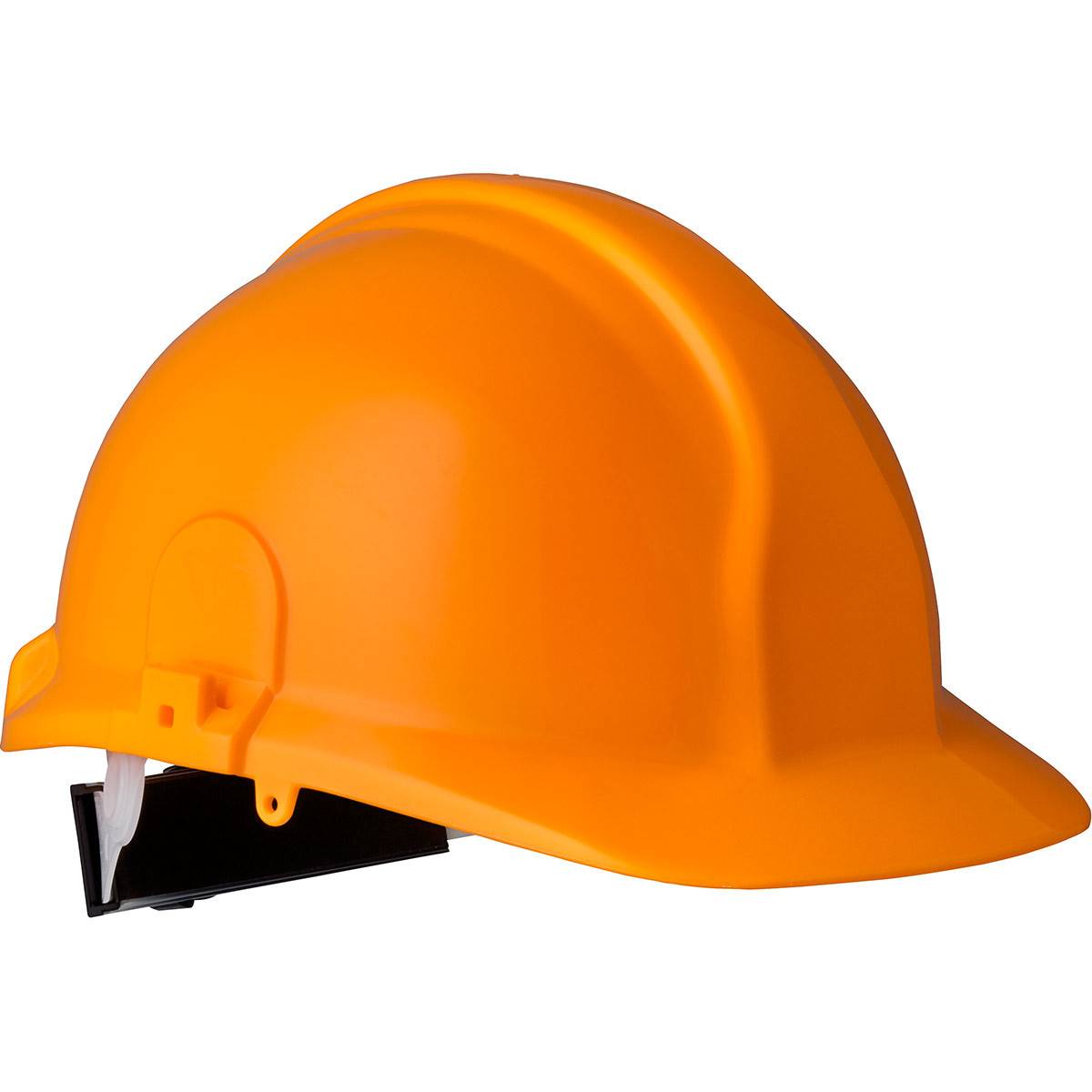 Orangefarbener Bauhelm auf weißem Hintergrund, in Seitenansicht mit angebrachter schwarzer Gesichtsschutzhalterung.