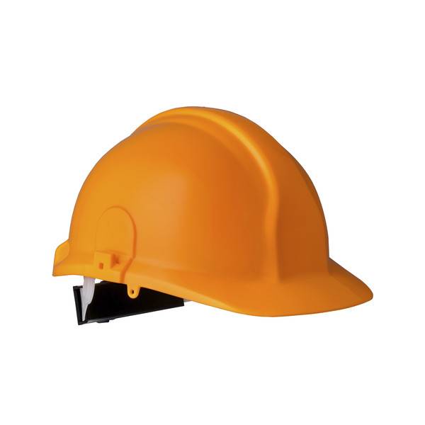 Oranger Bauhelm auf weißem Hintergrund.