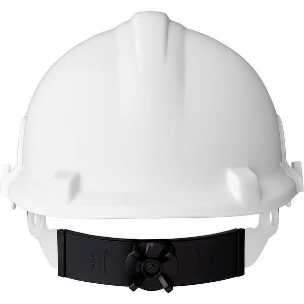 Weißer Schutzhelm mit schwarzem verstellbarem Ratschenverschluss-Kopfband, Vorderansicht auf einfachem weißem Hintergrund.