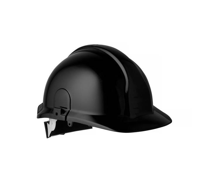 Schwarzer Bauhelm in Seitenansicht auf weißem Hintergrund dargestellt.