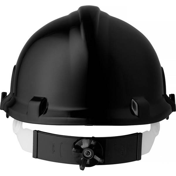 Schwarzer Schutzhelm mit verstellbarem Kinnriemen und hinterer Einstellvorrichtung, abgebildet auf weißem Hintergrund.