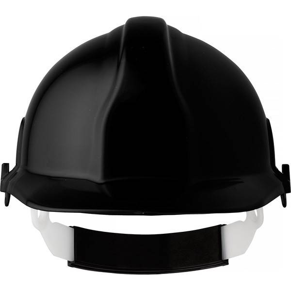 Schwarzer Schutzhelm mit verstellbarem Kinnriemen, Vorderansicht auf weißem Hintergrund dargestellt.