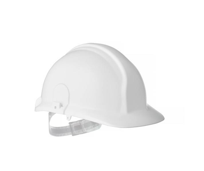 Weißer Schutzhelm in Seitenansicht auf neutralem Hintergrund gezeigt, mit sichtbarem verstellbarem Kinnriemen darunter.