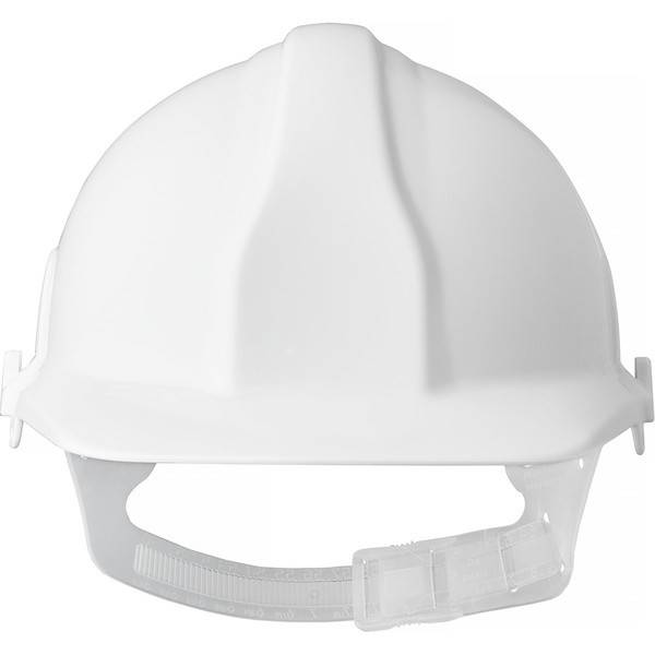 Weißer Bauhelm mit verstellbarem Kinnriemen, Frontansicht auf einfachem Hintergrund.