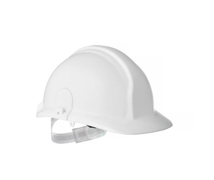 Weißer Schutzhelm für den Baubereich, shown in Seitenansicht auf einfachem Hintergrund, mit angekoppeltem klarem Kinnschutz oder Gesichtsschutzschild-Halterung.