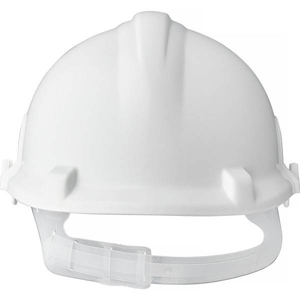 Weißer Schutzhelm für Baustellen mit verstellbarem Kinnriemen, Vorderansicht auf neutralem Hintergrund dargestellt.