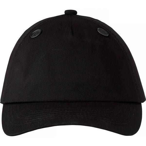 Schwarze Baseballkappe Vorderansicht mit gebogenem Schirm und Belüftungslöchern auf weißem Hintergrund.
