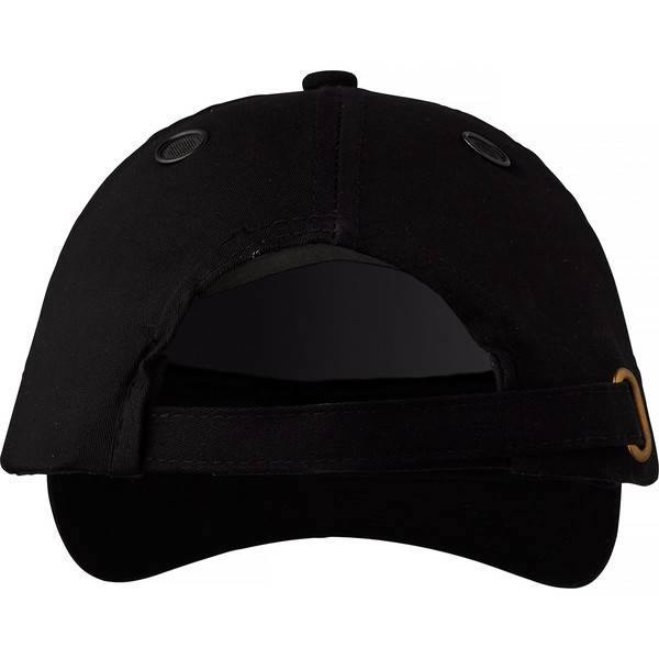 Schwarze Baseballmütze von hinten gezeigt, mit verstellbarem Riemen und sichtbarem gebogenem Schirm darunter.