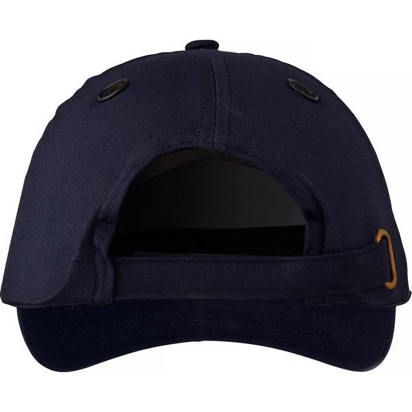 Dunkelblaue Baseballkappe, von hinten gezeigt, mit verstellbarem Riemen und Metallschnalle.