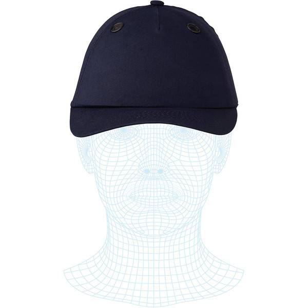 Dunkelblaue Baseballkappe mit Belüftungsösen auf einem Drahtgitter-Kopfmannequin, Frontansicht auf weißem Hintergrund.