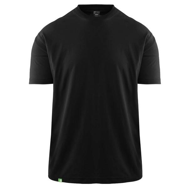 Schwarzes T-Shirt mit Kurzarm und Rundhalsausschnitt, Vorderansicht auf einfachem weißem Hintergrund gezeigt.