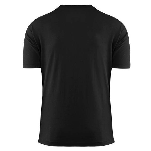 Schwarzes kurzärmliges T-Shirt, Vorderansicht auf weißem Hintergrund gezeigt.