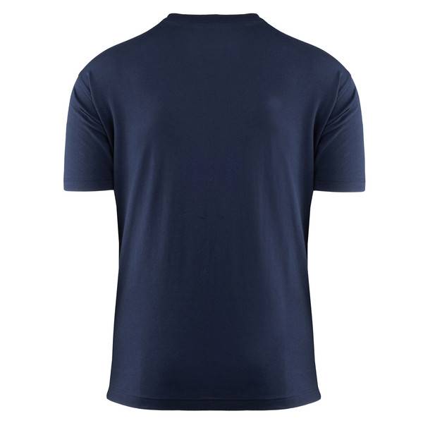Marineblau gefärbtes kurzärmeliges T-Shirt mit Rundhalsausschnitt, von hinten auf einfachem weißem Hintergrund dargestellt.
