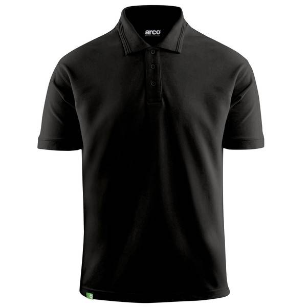 Schwarzes Kurzarm-Polohemd mit Knopfleiste und Kragen, von vorne auf weißem Hintergrund dargestellt.