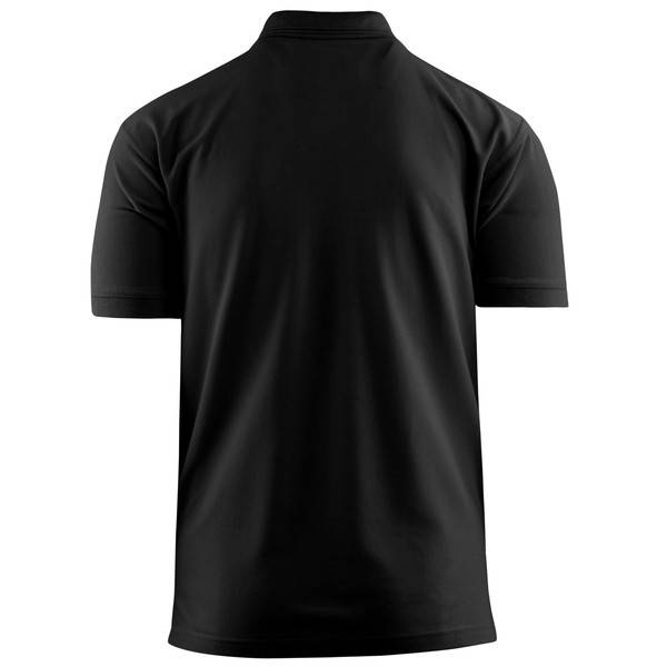 Schwarzes ärmelloses Poloshirt von hinten auf weißem Hintergrund dargestellt.
