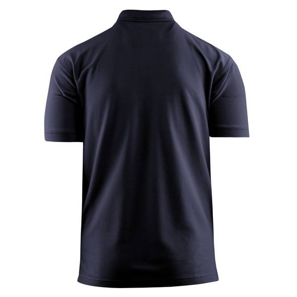 Einfaches schwarzes Poloshirt mit kurzen Ärmeln, von hinten auf weißem Hintergrund abgebildet.