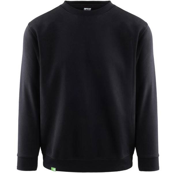 Schwarzes Langarm-Sweatshirt mit Rundhalsausschnitt, Vorderansicht auf einfachem weißem Hintergrund.